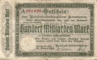 Német Birodalom/Weimari Köztársaság/Német Birodalmi Vasutak/Hannover 1923.10.24. 100.000.000.000M sorszám "A" T:III