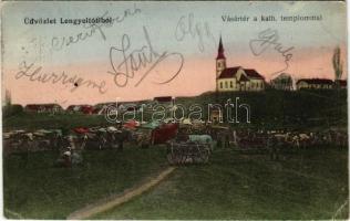 1921 Lengyeltóti, Vásártér, katolikus templom, piac. Schwarzenberg Miksa kiadása (EK)