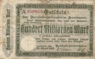 Német Birodalom/Weimari Köztársaság/Német Birodalmi Vasutak/Hannover 1923.10.24. 100.000.000.000M sorszám "A" T:III/IV+