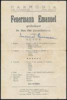 Feuermann Emanuel gordonka művész estjének műsora, a művész autográf aláírásával