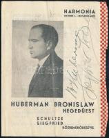 Hubermann Bronislaw hegedűművész estjének műsora, a művész autográf aláírásával