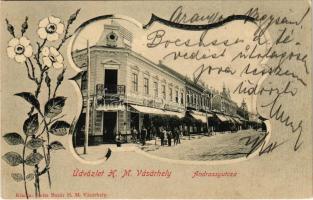 1904 Hódmezővásárhely, Andrássy utca, üzletek. Reisz Bazár kiadása, Art Nouveau, floral