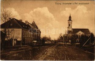 1933 Enying, utca, református templom, autó (EB)