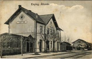 1908 Enying, vasútállomás, gőzmozdony. Politzer Jenő kiadása (fl)