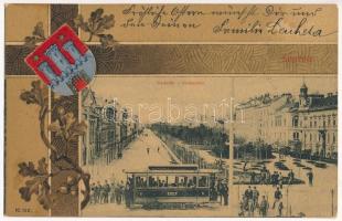 1902 Sopron, Deák tér, SVEV villamos. Blum. N. kiadása. Címeres szecessziós keret, Art Nouveau, litho