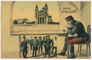 1910 Cegléd, Református templom. Üdvözlet, montázs a laktanya udvaráról levelet író katonával. Sárik Gyula 1178. (r)