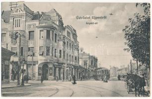 1915 Budapest IV. Újpest, Árpád út, villamos, cukrászda, üzletek, lovaskocsi. Salgó-féle kiadás (EK)
