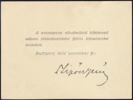 1932 Sipőcz Jenő (1878-1937) Budapest főpolgármesterének nyomtatott aláírása üdvözlőkártyán, 8x11 cm