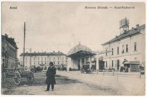 Arad, Motoros vasútállomás az Arad-Radnai úton, kisvasút, városi vasút, vonat, Flesch András kioszkja / urban railway station with train, kiosk shop (Rb)