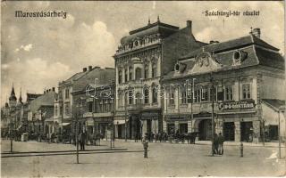 1914 Marosvásárhely, Targu Mures; Széchenyi tér, József Emil cipőraktára, Bank és Takarékpénztár rt., Benjamin Adolf ezelőtt Schwartz János sütödéje és lisztraktára az Arany Szarvashoz, Hary Géza, Hübner Lajos, Vasváry és Halász, kávé pörkölde és Magyari Balázs üzlete, piac. Porjes S. Sándor kiadása / square, shops, bakery, cafe roastery, market (felszíni sérülés / surface damage)