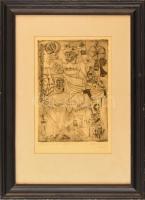 Almásy Aladár (1946-): Régiségkereskedő, 1968. Rézkarc, papír, jelzett, üvegezett fakeretben, 24×17 cm