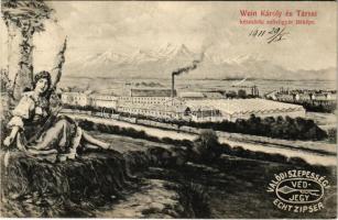 1911 Késmárk, Kezmarok; Wein Károly és Társai szövőgyár látképe, montázs. Valódi szepességi védjegy / weaving factory, montage / Echt Zipser