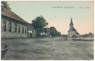 1911 Kürt, Kürth, Strekov; utca, templom / street, church (EK)