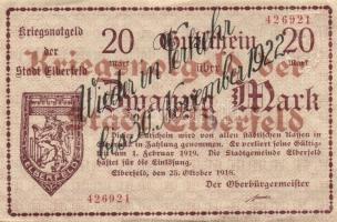 Német Birodalom/Weimari Köztársaság/Elberfeld 1918.10.25. 20M fekete "Wieder in Verkehr bis 30....