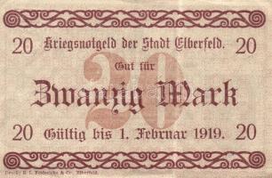 Német Birodalom/Weimari Köztársaság/Elberfeld 1918.10.25. 20M fekete "Wieder in Verkehr bis 30....
