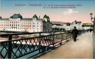 Pozsony, Pressburg, Bratislava; Cs. és kir. hadtestparancsnokság épület a hídról / K.u.k. Korpskommando-Gebäude / Army Headquarters from the bridge