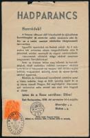 1938 Bp., Isten és a haza nevében előre! - Horthy Miklós kormányzó által kiadott hadparancs, komáromi pecséttel, szélein kis szakadásokkal