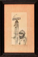 Irsa K jelzéssel: Rebeka V. (Esernyős lány). Tus, papír. Üvegezett fakeretben, 29x14 cm