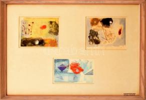 Olvashatatlan jelzéssel, 3 db mű: Absztrakt kompozíció, 1989-87-83. Vegyes technika, papír. Üvegezett fakeretben, 13,5x16,5, 13,5x16,5 és 10x17 cm