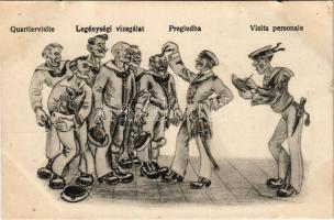 Legénységi vizsgálat / Quartiervisite / Pregledba / La visita personale / K.u.K. Kriegsmarine Matrosen / Austro-Hungarian Navy mariner art postcard, humor. C. Fano Pola 1917. 2049. Ed. Dworak style