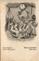Boldog újesztendőt! / Sretno nova godina! / Buon anno! / Prosit Neujahr! K.u.K. Kriegsmarine Matrosen / Austro-Hungarian Navy mariner art postcard, humor. C. Fano Pola 1917. 2036. Ed. Dworak style