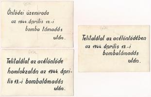 1944 Győr, telitalálat az acélöntödében az április 13-i bombatámadás után, öntödei üzemiroda és homl...