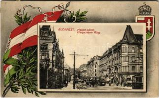 1915 Budapest II. Margit körút, villamosok, Margit Park kávéház. Szecessziós montázs magyar zászlóval és címerrel (fl)