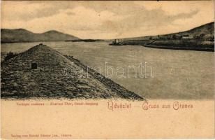 Orsova, Vaskapu-szoros, Vaskapu csatorna, gőzhajó. Raichl Sándor jun. kiadása / Eisernes Tor, Canal-Ausgang / Portile de Fier / gorge, canal, steamship (r)