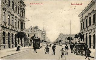 1909 Szombathely, Száll Kálmán Kávéház és utca, villamos, tejeskocsi, tricikli (EK)