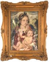 Náray Aurél (1883-1948): Anya gyermekével. Olaj, vászon. Jelezve balra fent. Sérült. Dekoratív, sérült fakeretben. 70x50 cm