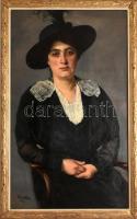 Widder Félix (1874-1939): Hölgy divatos kalapban, 1916. Olaj, fa, jelzett. Dekoratív fakeretben. 98x59 cm