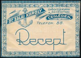 1933 Cegléd, Dr. Zalai Károly gyógyszertára a Remény-hez receptboríték, jó állapotban + benne Dr. Lukács József budapesti gyermekorvos fejléces receptpapírjára írt recept