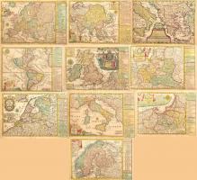 cca 1740-1750 Johann George Schreiber (1676-1750): Atlas Selectus von allen Koenigreichen und Ländern der Welt. Leipzig, én., Johann George Schreiber, 33 (kézzel színezett rézmetszetű térkép lap) t. Haránt-alakú félbőr-kötésben, kopott borítóval, kissé sérült gerinccel, foltos lapokkal, az elülső szennylap és az első 3 lap kötése javított, az elülső szennylap és az első térkép szélén sérüléssel, kis hiánnyal, az első térképen bejegyzéssel, néhány gyűrődésnyomokkal. Nem teljes! Összesen csak 33 térképet tartalmaz.  A térképek: cca 17x25 cm és 19x27cm közötti méretben. A könyv mérete: 22x31 cm