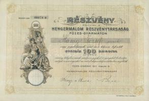 1911. "Hengermalom Részvénytársaság Füzes-gyarmaton" részvénye 100K-ról, szelvényekkel, jó állapotban