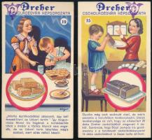 cca 1930-1940 Dreher csokoládégyár képsorozata 15. és 19., 2 db gyűjtőkép hátoldalán recepttel, Klösz Bp., 11,5x6 cm