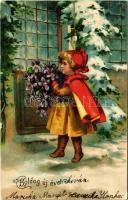 1905 Boldog Újévet! / New Year greeting art postcard, girl with flowers. Emb. litho (lyuk / pinhole)