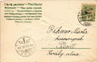 1905 Boldog Újévet! / New Year greeting art postcard, girl with flowers. Emb. litho (lyuk / pinhole)