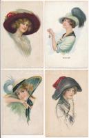 4 db RÉGI motívum képeslap: hölgyek kalappal / 4 pre-1945 motive postcards: ladies with hats