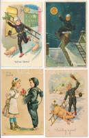 4 db RÉGI motívum képeslap: Újévi üdvözlőlap kéményseprővel / 4 pre-1945 motive postcards: New Year greetings with chimney sweeper