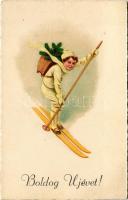 Boldog Újévet! / New Year greeting art postcard with skiing boy, winter sport