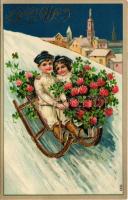 1909 Boldog Újévet! / New Year greeting art postcard with sledding couple, winter sport. Emb. litho