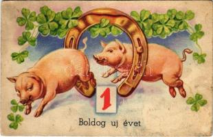 Boldog Újévet! / New Year greeting art postcard with pigs, horseshoe and clovers (EK)