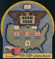cca 1940-1960 Know Your U.S.A., amerikai reklámkiadvány forgatható koronggal, az USA államainak mottóival, népességével, fővárosával és virágaival, Tip-Top toast kenyér reklám, 14x13 cm / Know Your U.S.A. American Tip-Top toast bread advertisement with US states mottos, capitols, populations and flowers, rotatable, 14x13 cm