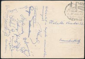 1959 Haladás Vasutas SE-nek küldött levelezőlap a Szegedi nemzetközi Maratonversenyről 13 versenyző aláírásával / Marathonist athletes autograph signed postcard