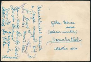 1957 Szegedi nemzetközi Maratonversenyről 17 versenyző aláírásával küldött levelezőlap / Marathonist athletes autograph signed postcard