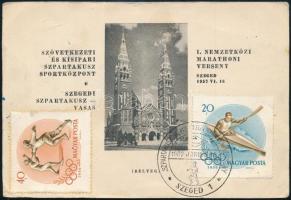 1957 Szegedi nemzetközi Maratonversenyről 17 versenyző aláírásával küldött levelezőlap / Marathonist...