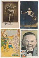 8 db RÉGI cirkusz motívum képeslap: artisták, bohócok, stb. 3 lapon aláírással / 8 pre-1945 circus motive postcards: acrobats, clowns, etc. 3 cards with signatures