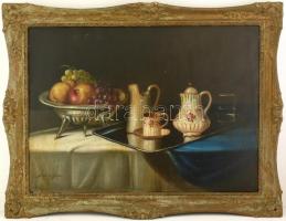 Sajó S. Géza (?-?): Asztali csendélet. Olaj, karton, jelzett. Dekoratív, kissé sérült fakeretben, 50×68 cm