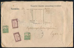 1920 Pénzes levél Arató 2 x 1K + 5K + Parlament 10 x 10K + 9 x 15K bérmentesítéssel / Insured cover with 242K franking VESZPRÉM - Eger