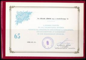 1986 "Aranytőr" adományozó oklevél Dr. Geller Sándor rendőrezredes részére, Kamara János (...